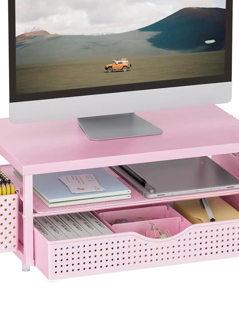 Pink Desktop Monitor Riser with Storage - Home Office Organizer